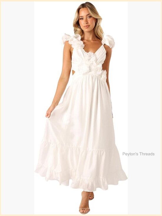 Dresses & Skirts - Midi Dress with Ruffle Flower Detailing Deep V Neck